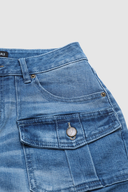 Wash Flap Pocket Mid Rise Mid Thigh Denim Shorts Without Belt