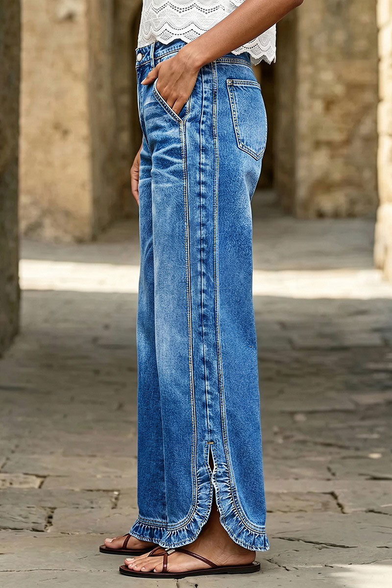 Wash Ruffle Trim Split Hem Mid Rise Wide Leg Jeans