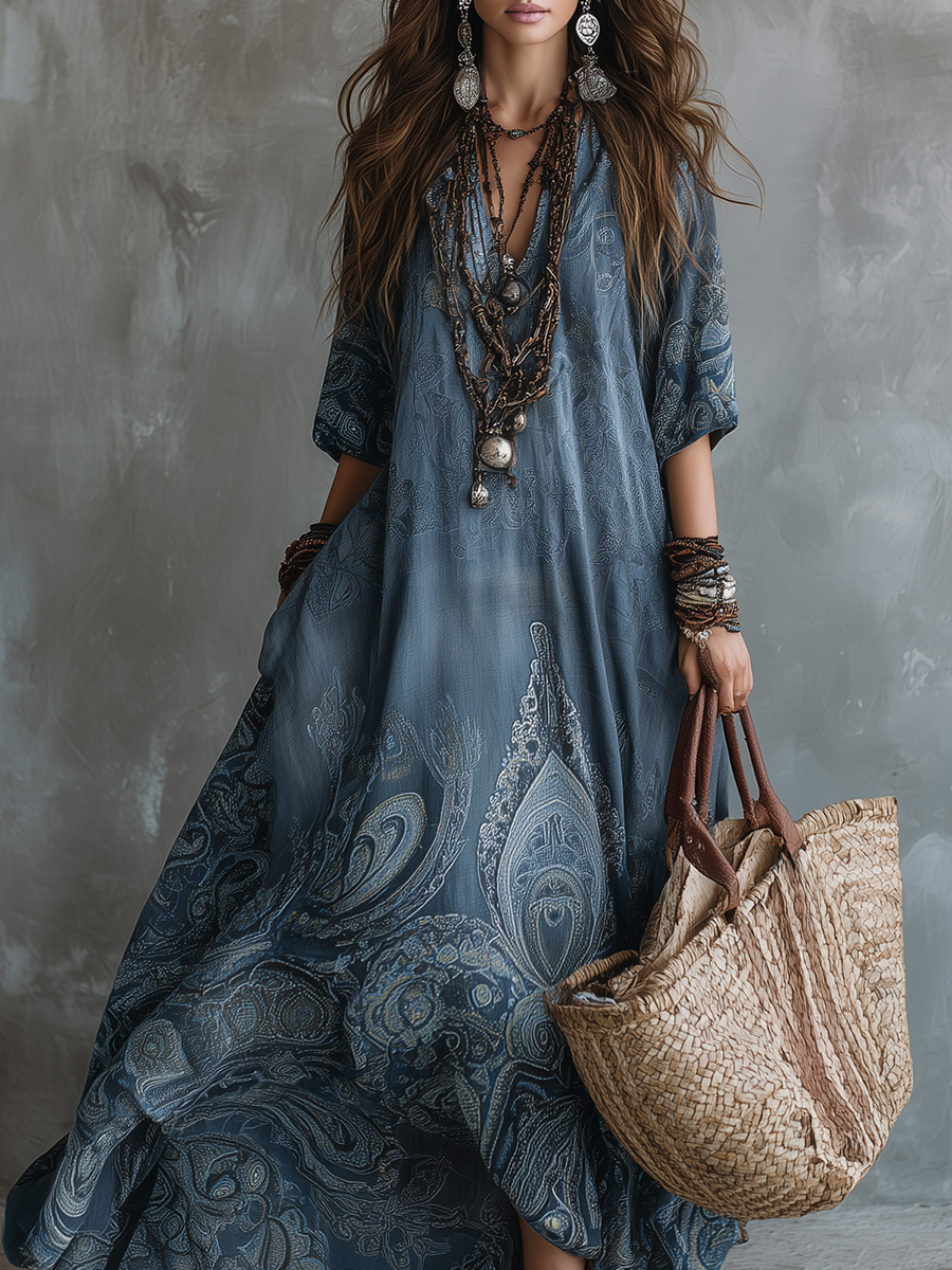 Robe longue cachemire bohème bleue