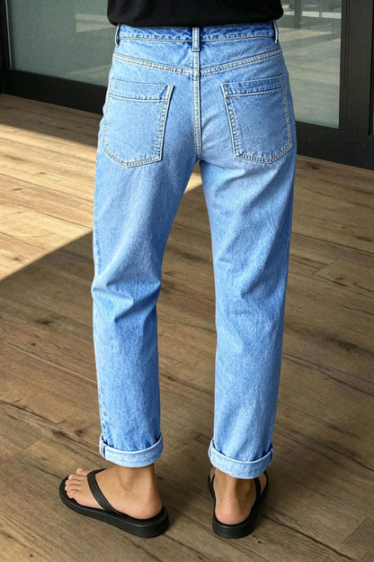 Wash Roll Hem Mid Waist Straight Leg Crop Jeans