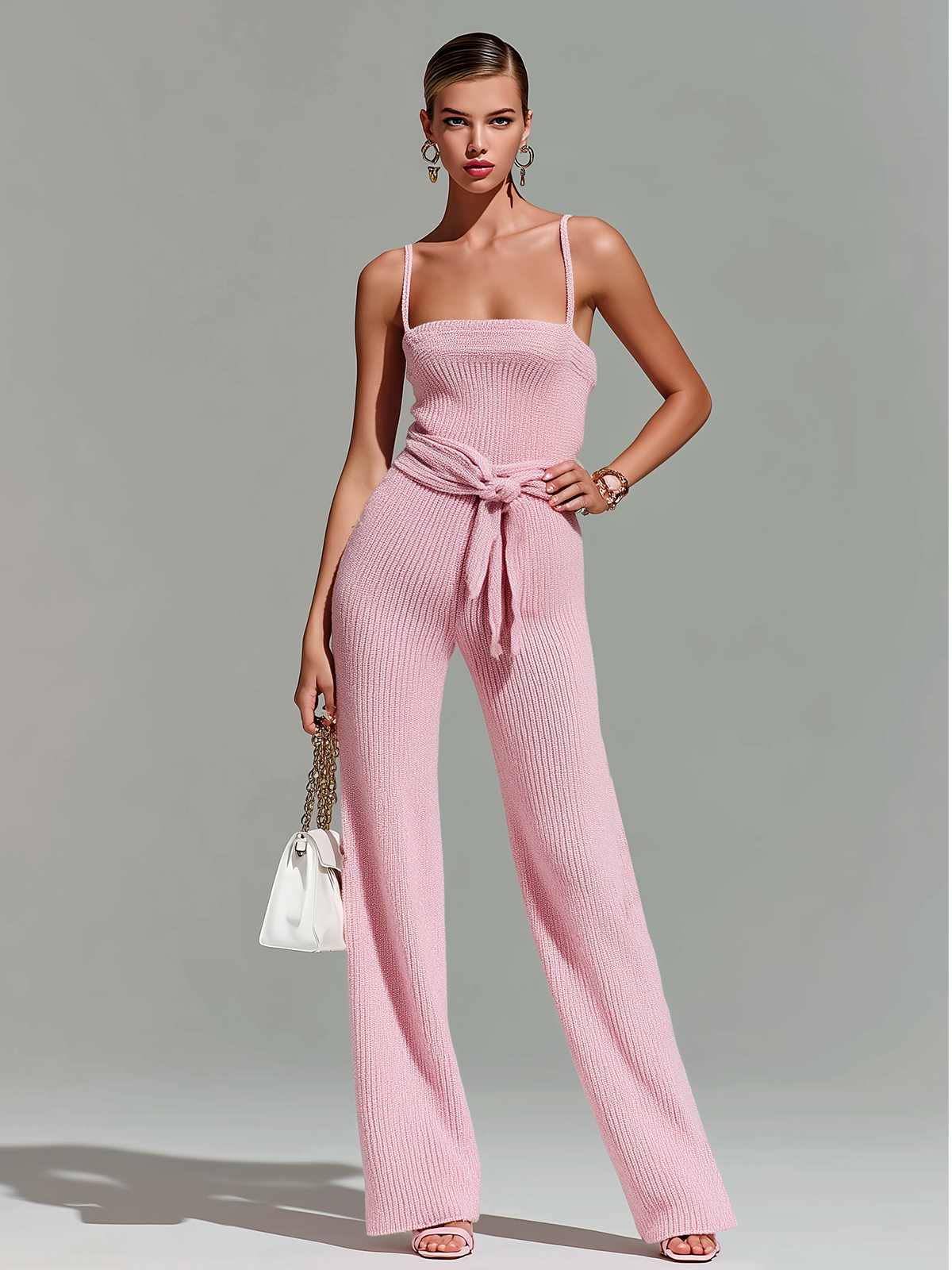 Stylish Elegant Pink Sleeveless Slim-Fit Waist-Defining Wide-Leg Ribbed Knit Jumpsuit
