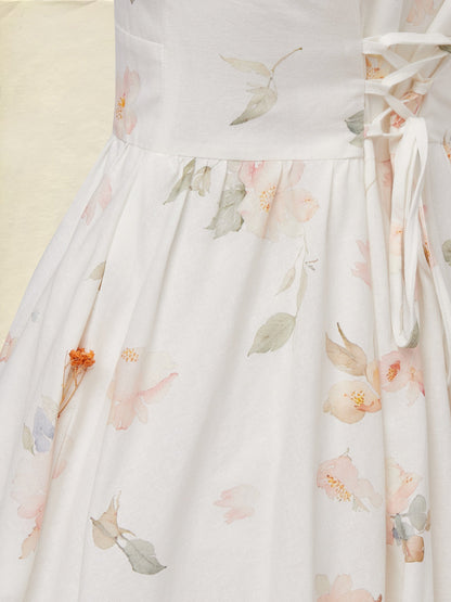 Robe midi en lin, manches courtes, col en V, florale, vintage, blanche