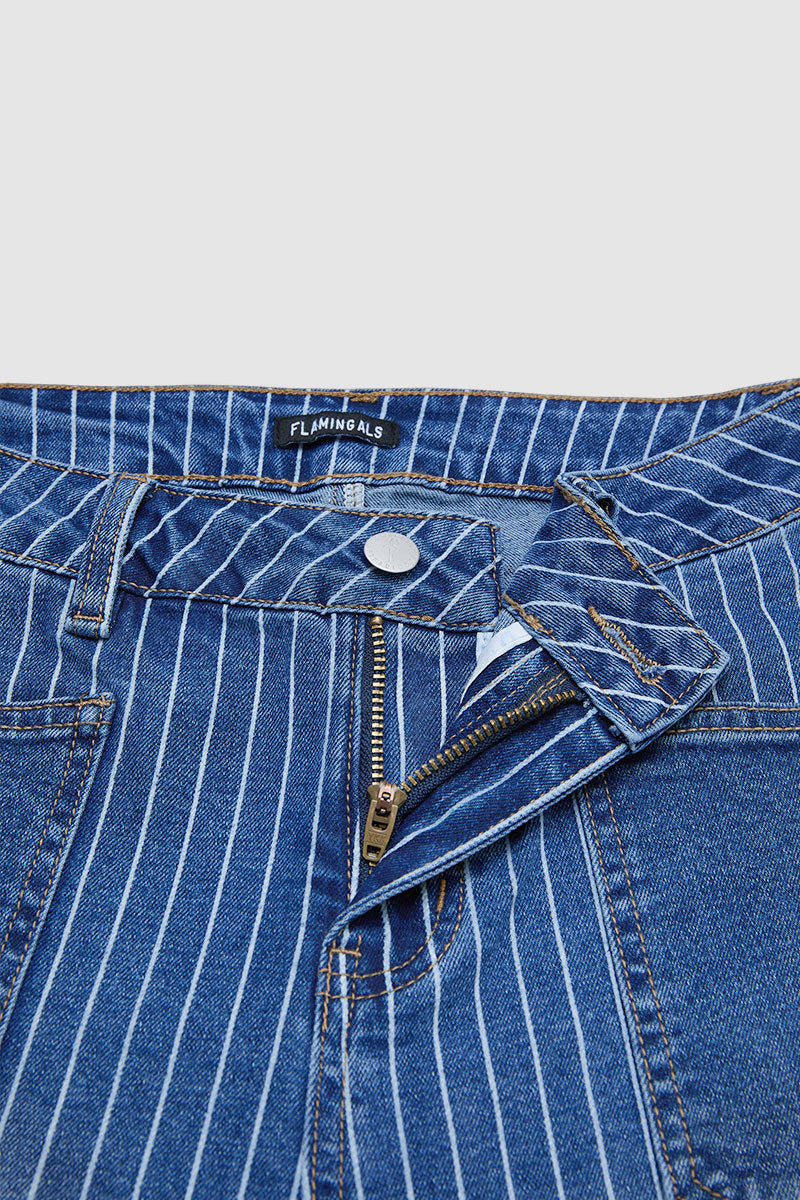 Striped Patch Pocket Mid Rise Wide Leg Crop Jeans Without Belt
