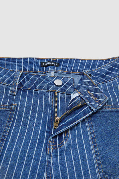 Striped Patch Pocket Mid Rise Wide Leg Crop Jeans Without Belt