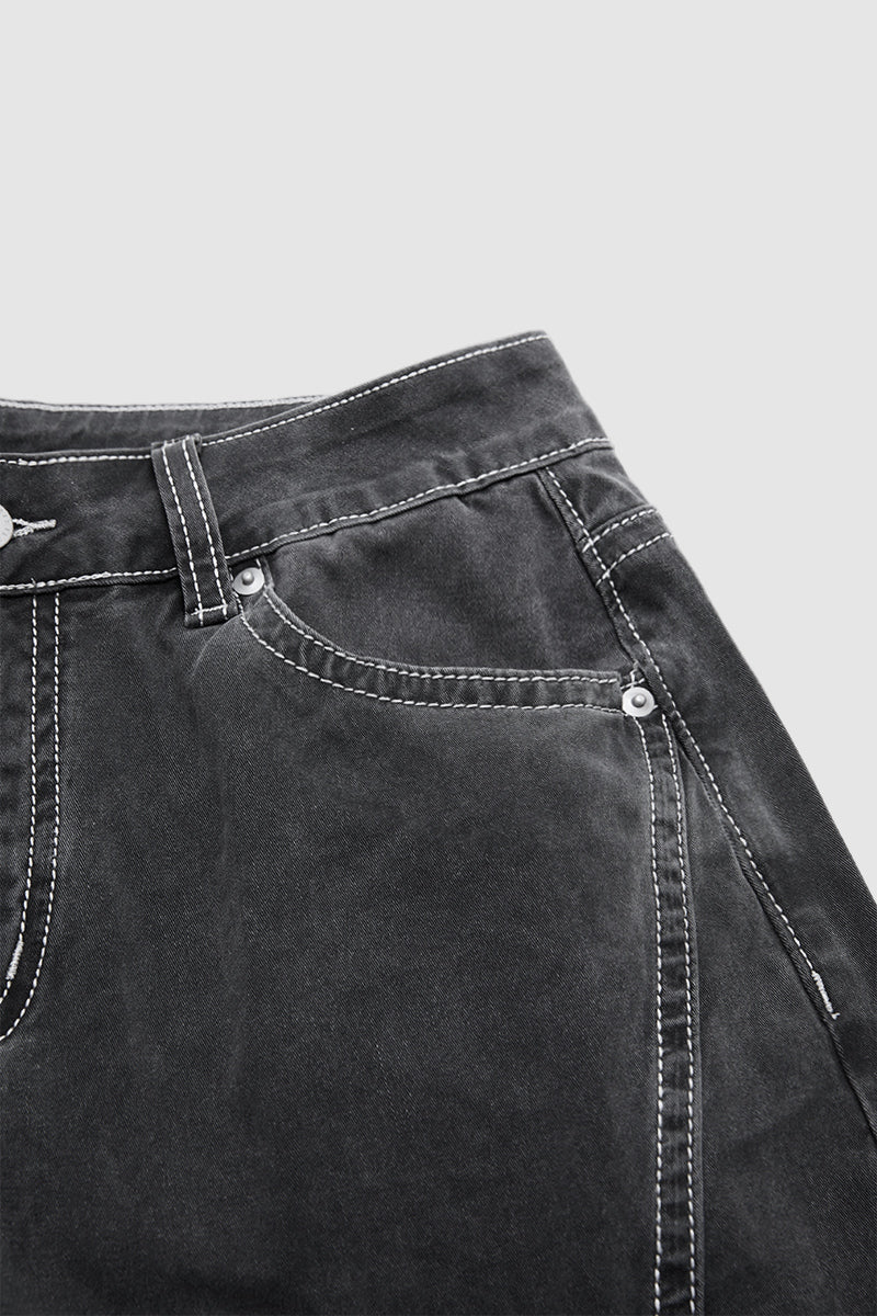Wash Flap Pocket Seam Detail High Waist Straight Leg Pants Without Belt