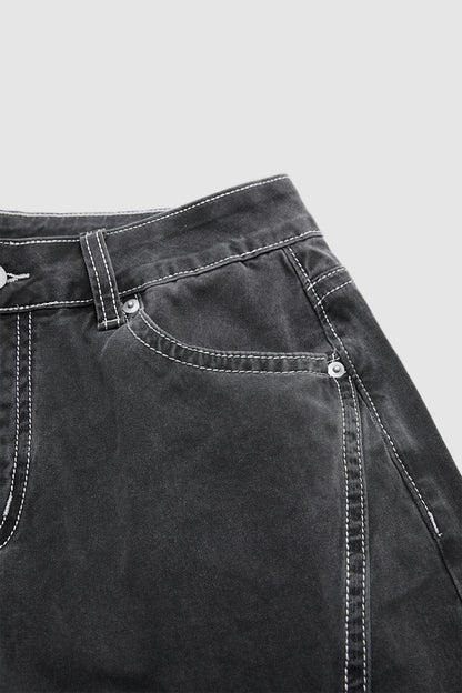 Wash Flap Pocket Seam Detail High Waist Straight Leg Pants Without Belt