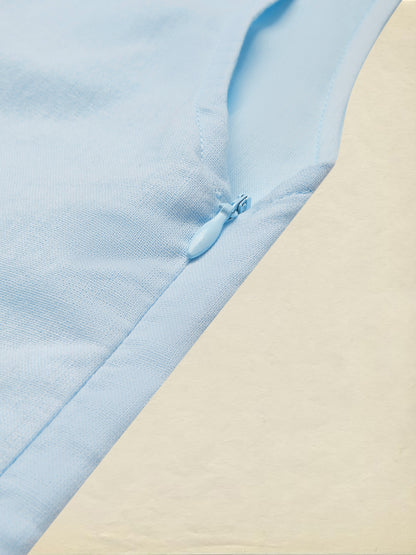 Robe midi en lin, Col ras du cou, Manches courtes, Boutonnée, Style champêtre, Mélange de lin, Bleue