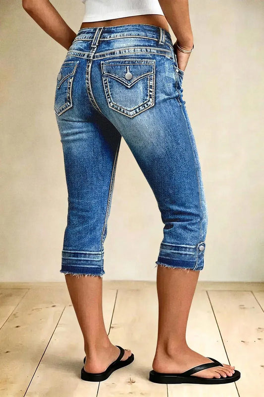 Raw Hem Button Tab Mid Waist Skinny Capri Jeans