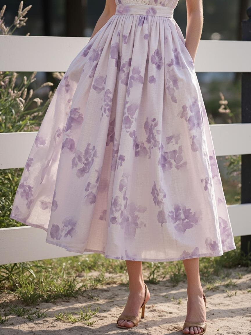 Robe longue en lin, col en V, style cottagecore, mélange de lin, violet