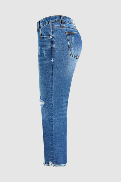 Wash Ripped Raw Hem Mid Rise Straight Leg Crop Jeans