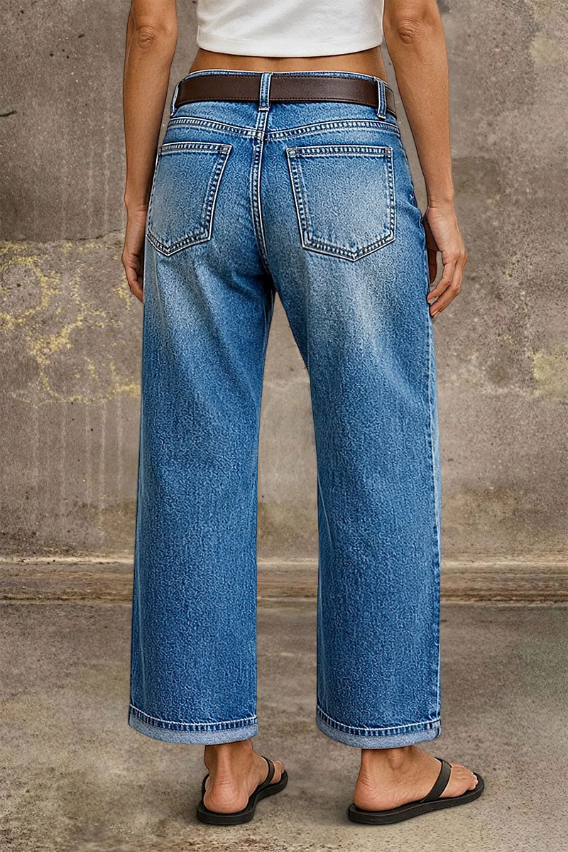 Wash Seam Front Patch Pocket Mid Rise Wide Leg Crop Jeans Without Belt