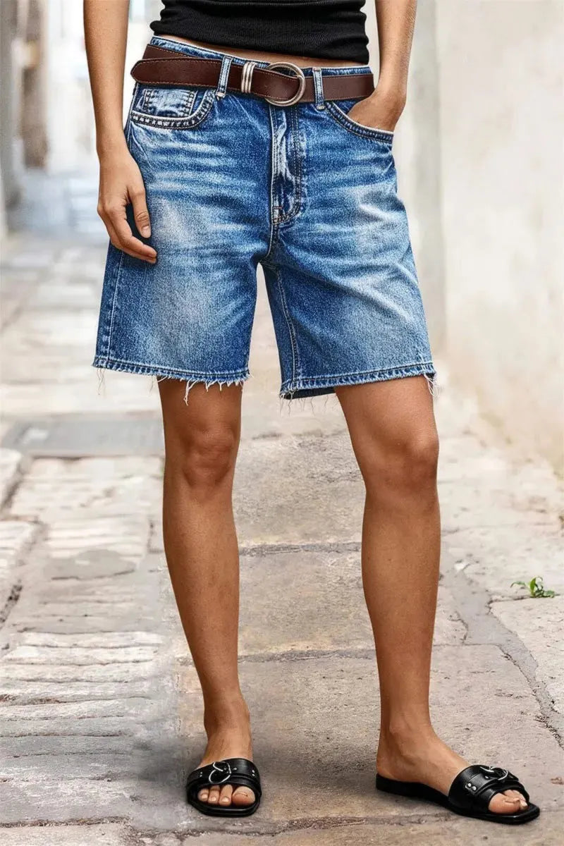 Wash Raw Hem Mid Waist Denim Mid Thigh Shorts Without Belt