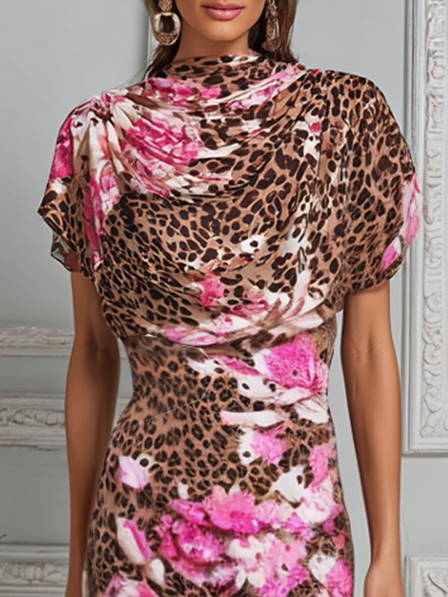 Exotic Bloom Cowl-Neck Sheath Midi Dress