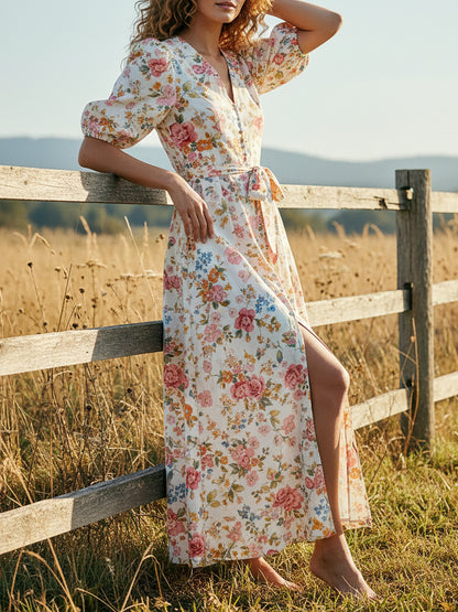Robe longue en lin, Manches mi-longues, Col en V, Fleurie, Boutons décoratifs, Vacances, Vintage, Blanche