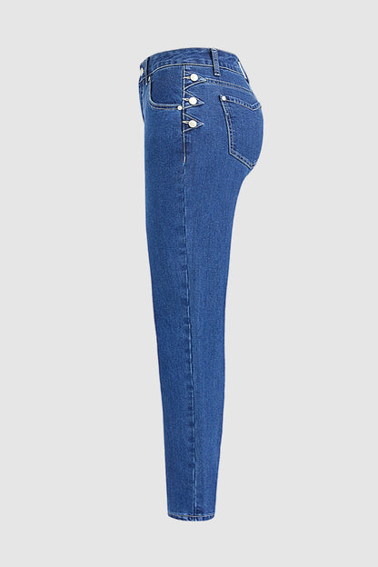 Wash Button Side High Rise Straight Leg Jeans