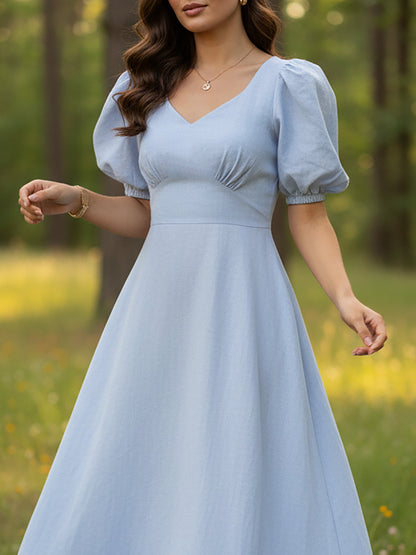 Robe longue en lin, manches courtes, encolure en cœur, unie, vintage, bleue