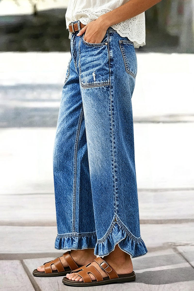 Wash Ruffle Hem Patch Pocket Mid Waist Straight Leg Jeans Without Belt