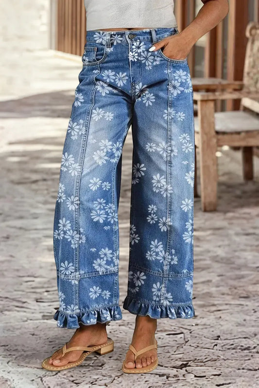 Floral Pattern Ruffle Stitch Detail Mid Waist Wide Leg Crop Jeans
