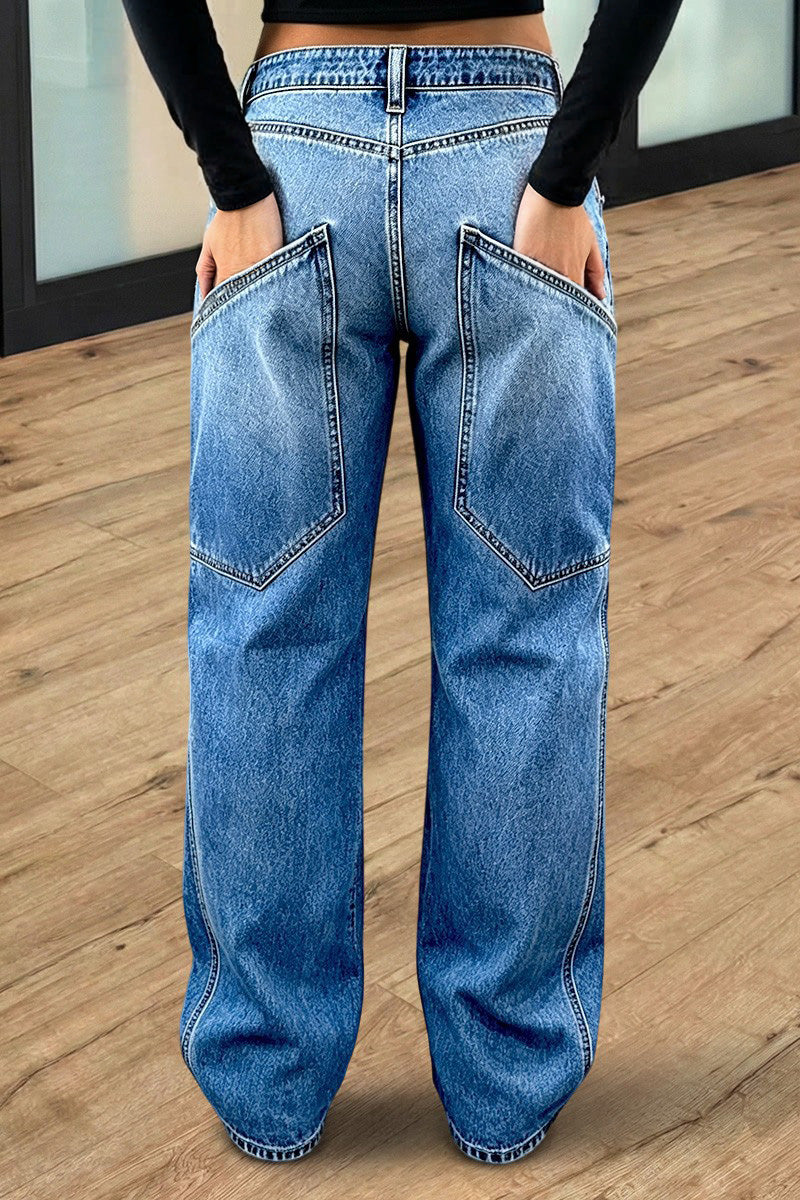 Stitch Detail Straight Leg Mid Waist Jeans Without Belt