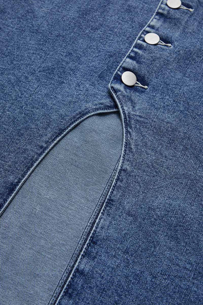 Wash Split Hem Button Up Midi Denim Skirt Without Belt