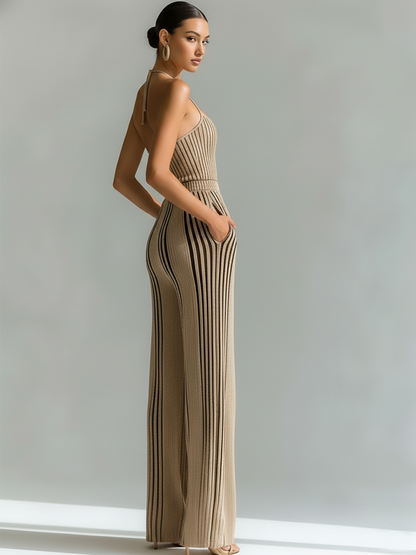 Chic Elegant Beige Slim Fit Sleeveless Camisole Stripes Waist Wide-Leg Pants Knit Two-Piece Set