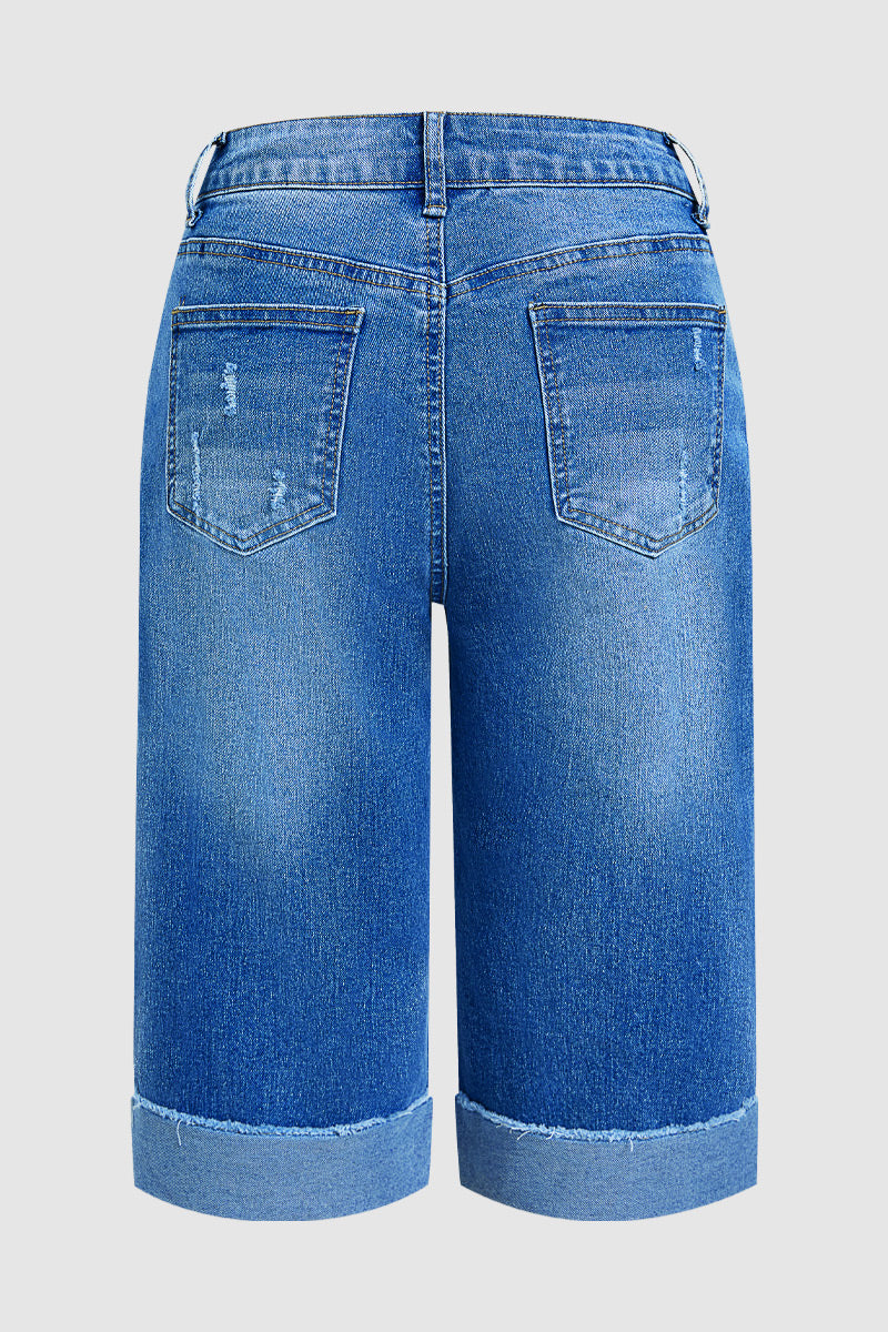 Wash Roll Hem Ripped Patch Pocket Drawstring Straight Leg Mid Rise Capri Jeans