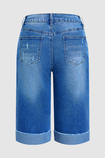 Wash Roll Hem Ripped Patch Pocket Drawstring Straight Leg Mid Rise Capri Jeans