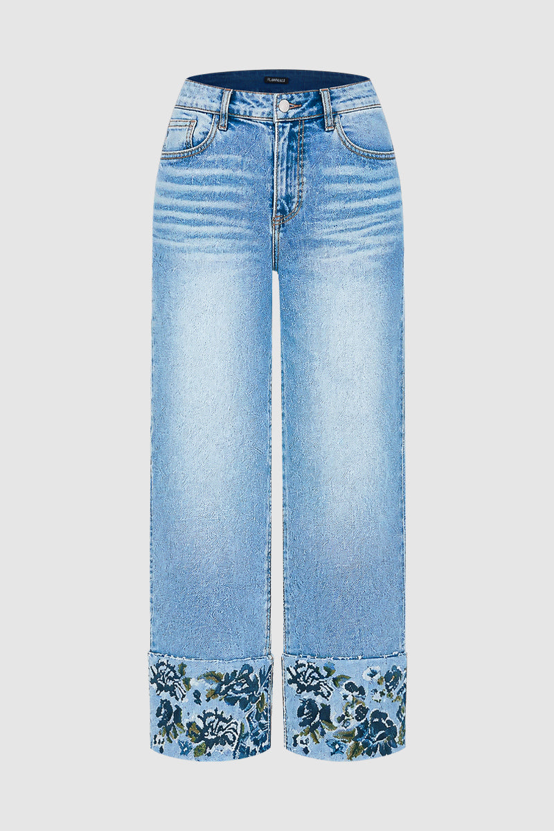 Wash Floral Embroidery Roll Hem Mid Rise Straight Leg Jeans