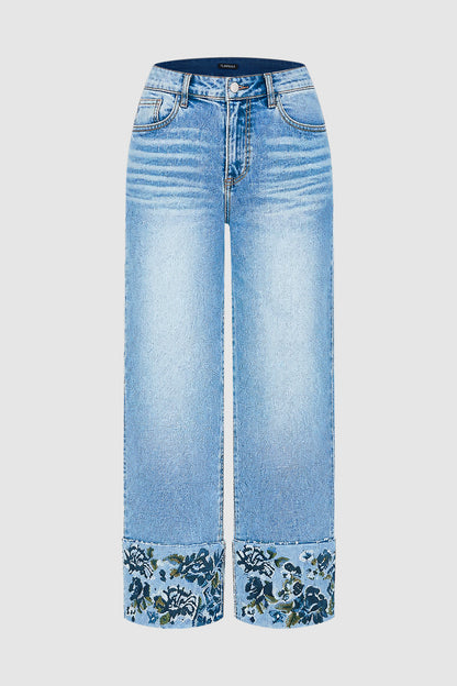 Wash Floral Embroidery Roll Hem Mid Rise Straight Leg Jeans