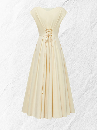 Robe midi en lin, manches courtes, col bateau, unie, vintage, blanc cassé