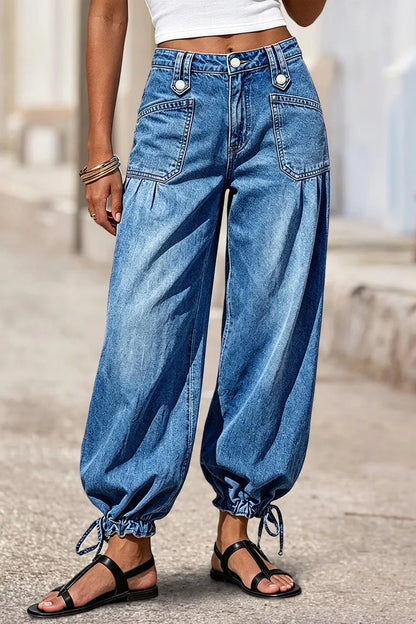Wash Drawstring Hem Mid Rise Cropped Wide Leg Jeans