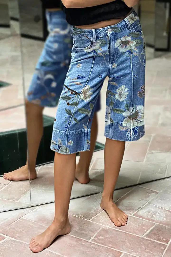 Floral Print Seam Front Mid Waist Denim Bermuda Shorts