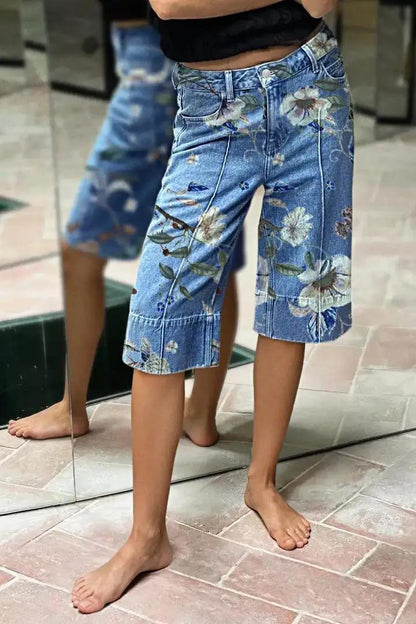 Floral Print Seam Front Mid Waist Denim Bermuda Shorts