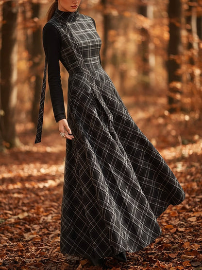 Robe longue en lin, sans manches, col montant, à carreaux, vintage, noire