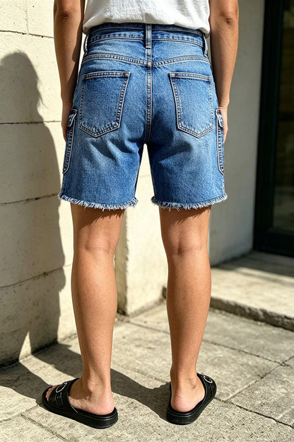 Wash Raw Hem Dual Button Mid Waist Denim Mid Thigh Shorts