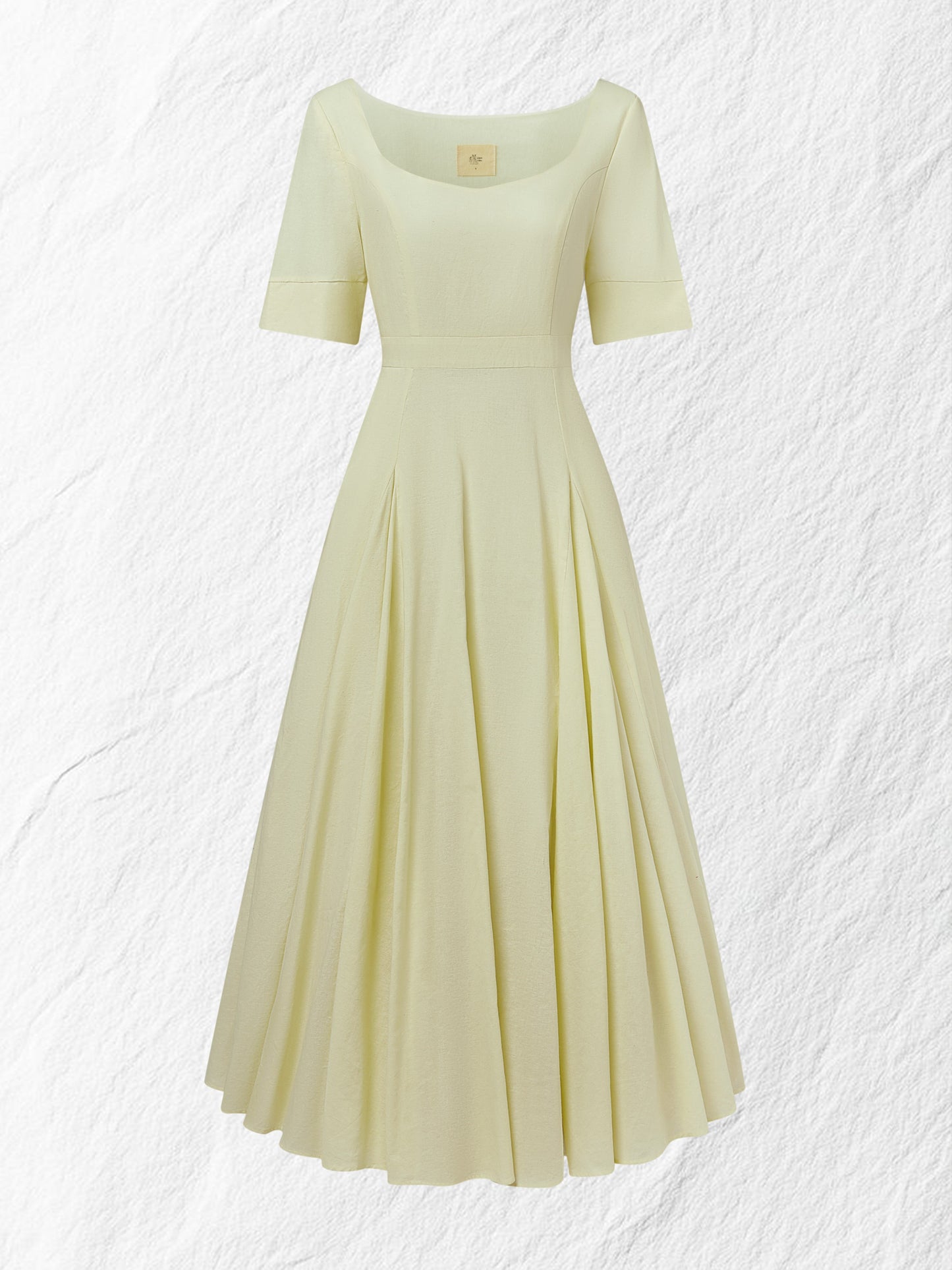 Robe longue en lin, Manches courtes, Encolure carrée, Unie, Vacances, Vintage français, Jaune clair