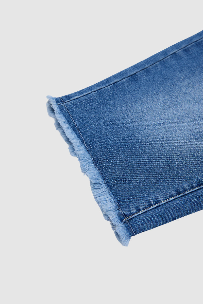 Star & Stripe Embroidery Raw Hem Ripped High Waist Denim Bermuda Shorts