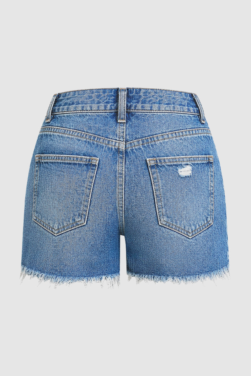 Wash Raw Hem Ripped Mid Waist Denim Shorts