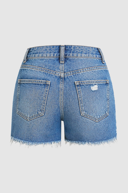 Wash Raw Hem Ripped Mid Waist Denim Shorts