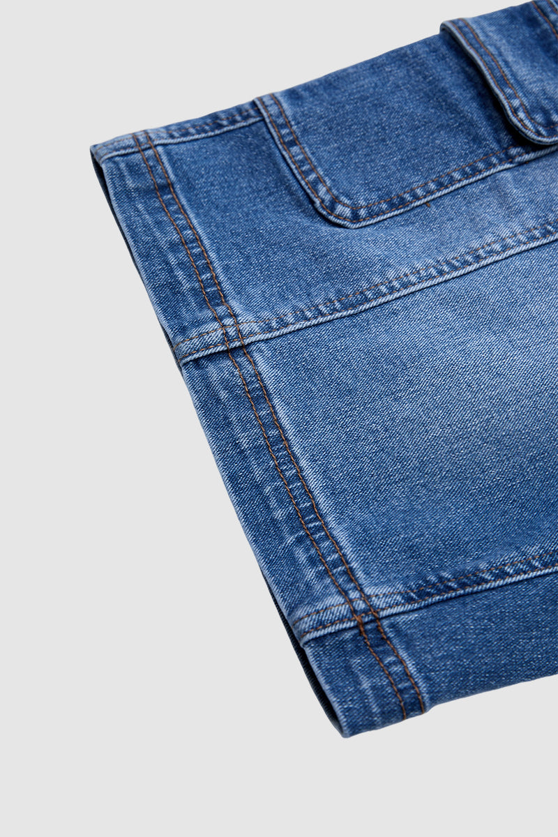 Wash Flap Pocket Seam Front Mid Rise Mid Thigh Denim Shorts Without Belt
