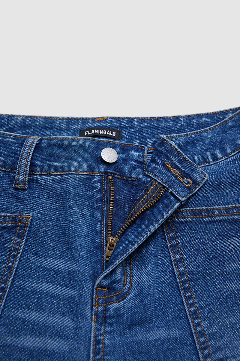 Wash Ripped Patch Pocket High Rise Denim Bermuda Shorts