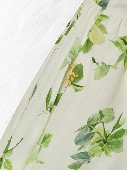 Robe longue en lin, manches courtes, col en V, motif floral, vintage, vert
