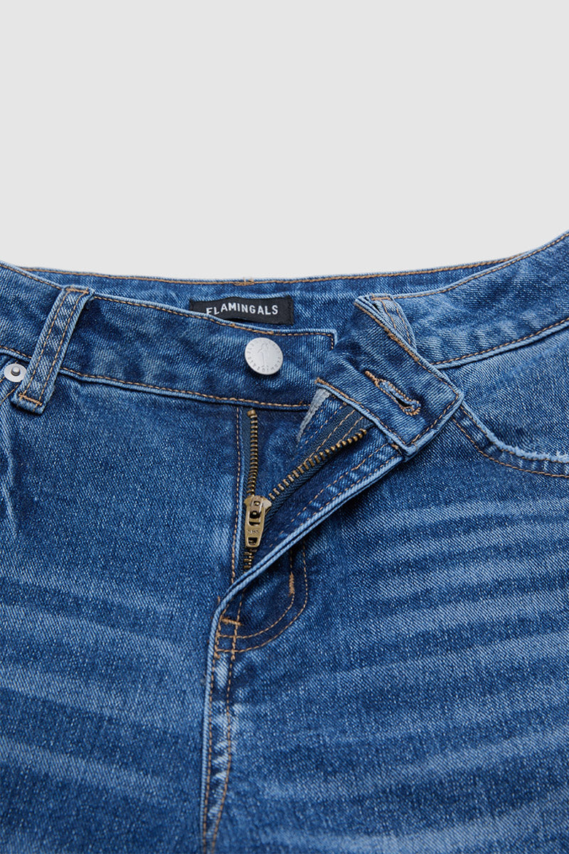 Wash Raw Hem Ripped Mid Waist Straight Leg Jeans