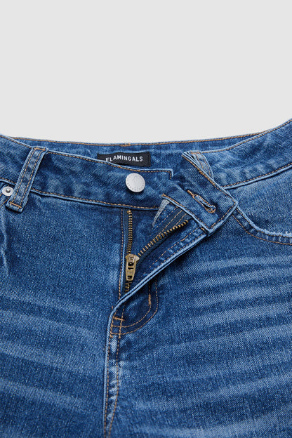 Wash Raw Hem Ripped Mid Waist Straight Leg Jeans
