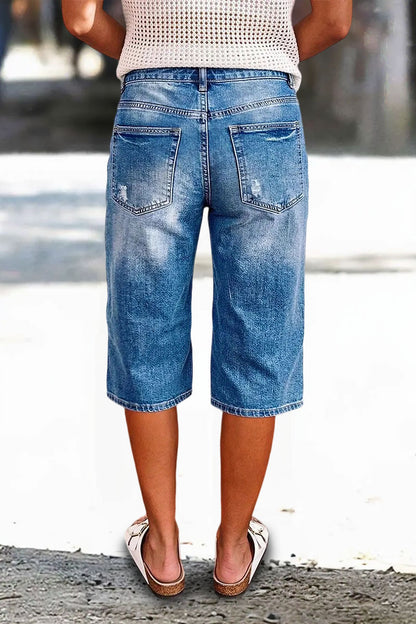 Wash Ripped Drawstring Mid Rise Straight Leg Capri Jeans