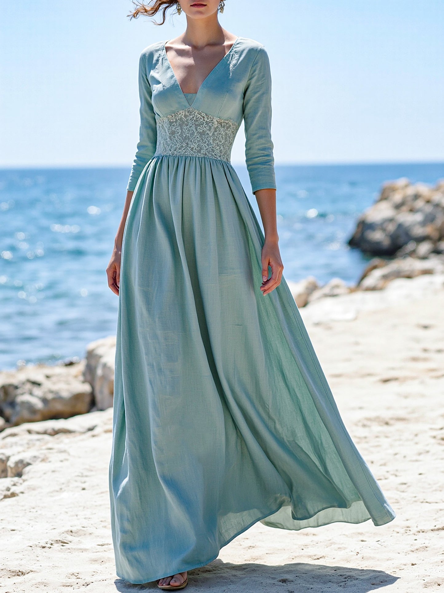 Robe longue en lin, Manches courtes, Col en V, Unie, Dentelle, Vintage, Cyan