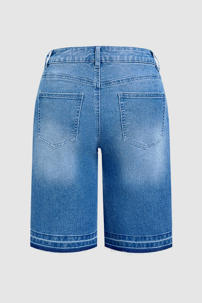 Raw Hem Mid Waist Denim Bermuda Shorts Without Belt