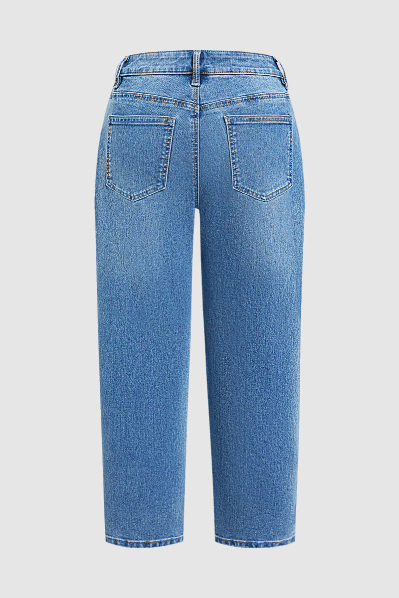 Wash Front Button Ripped Mid Waist Barrel Leg Crop Jeans Without Belt