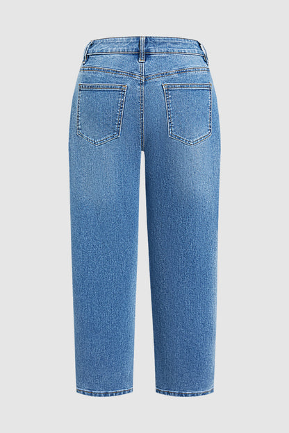 Wash Front Button Ripped Mid Waist Barrel Leg Crop Jeans Without Belt