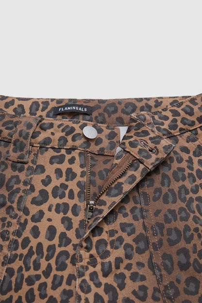 Leopard Print Flap Pocket High Waist Tapered Cargo Crop Pants Without Belt